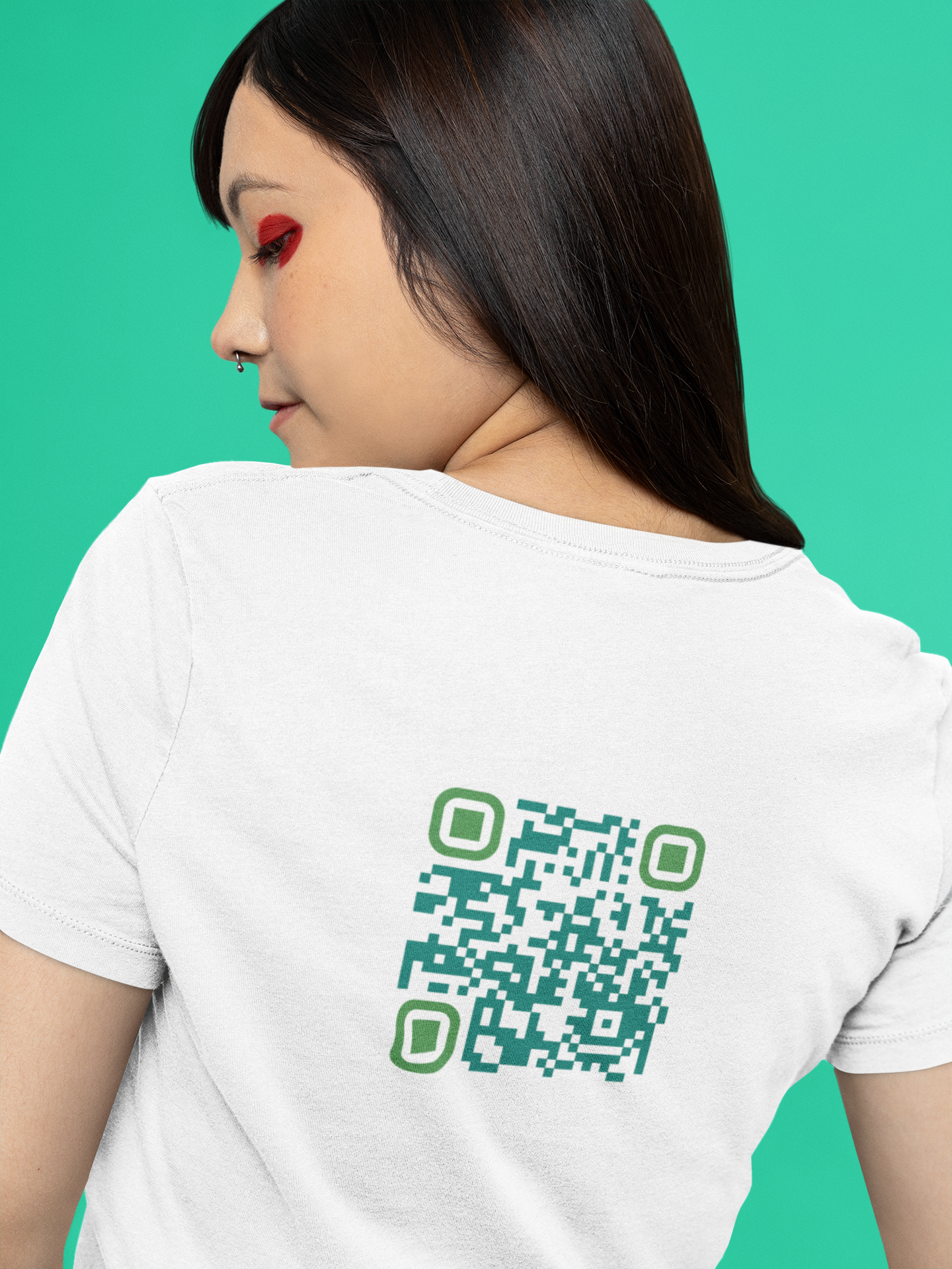 QR Code for 'block him on everything' on the back of a white t-shirt
