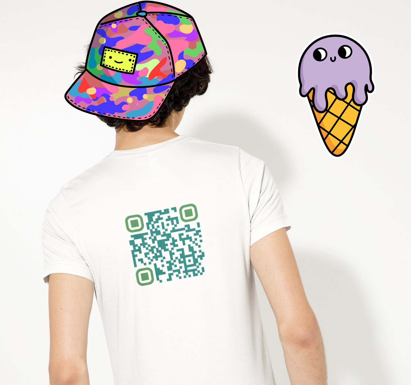 QR Code for 'brighten someone's day today' on the back of a white t-shirt