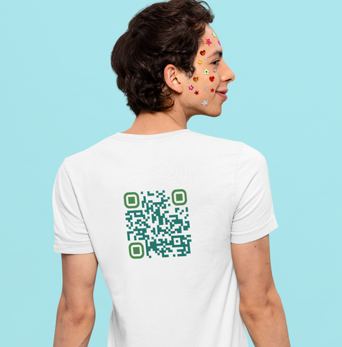 white t-shirt with the QR Code for 'cultivate joy and happiness' on the back
