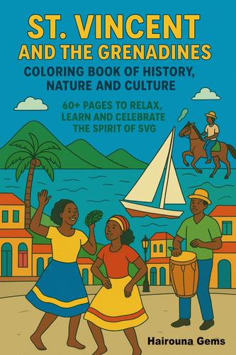 St. Vincent and the Grenadines coloring book cover featuring people dancing, a sailboat and a horse rider.