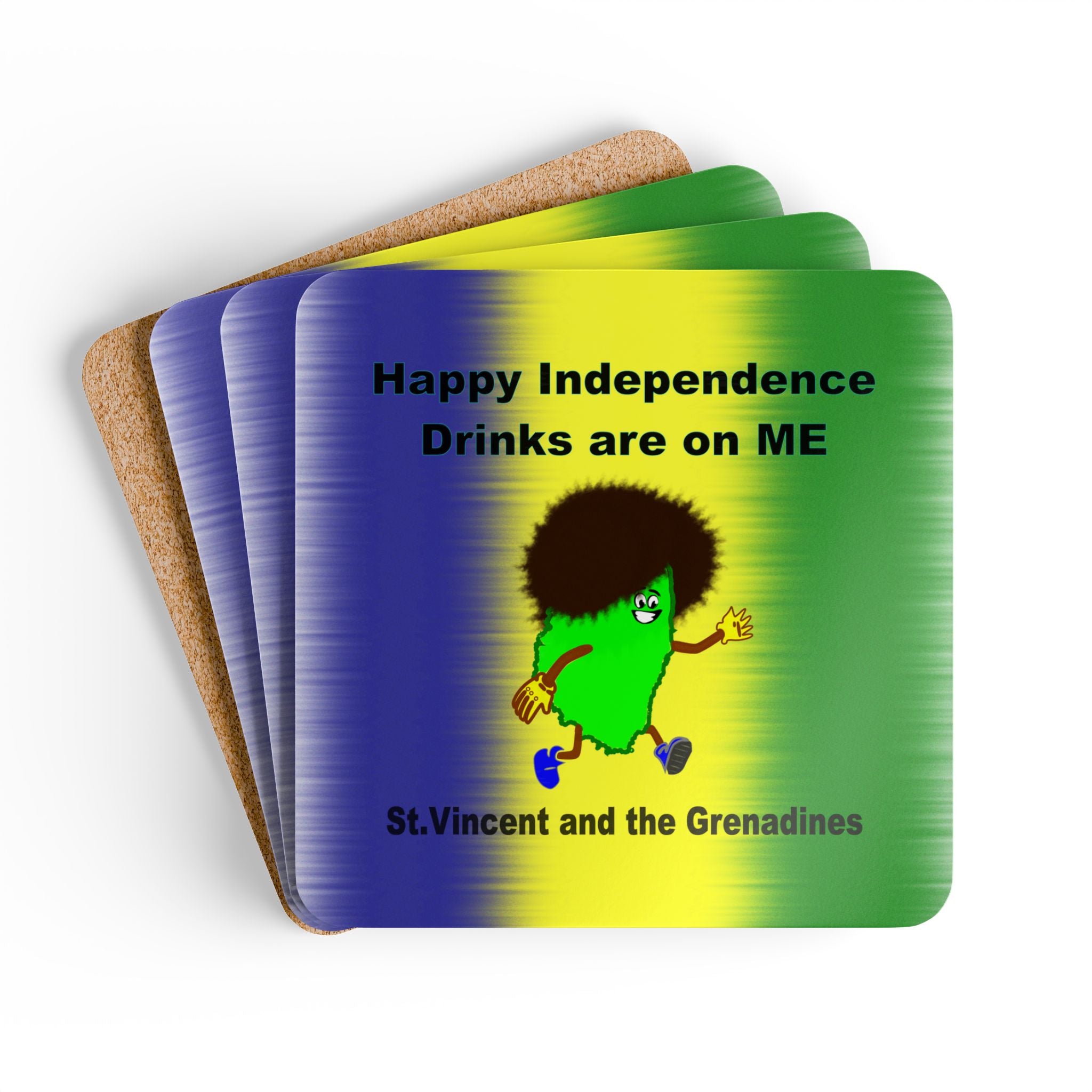 St. Vincent and the Grenadines Independence Coaster Set – 4-Piece Cartoon Map Drink Coasters with National Colors & Fun Caption