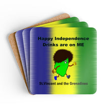 Load image into Gallery viewer, St. Vincent and the Grenadines Independence Coaster Set – 4-Piece Cartoon Map Drink Coasters with National Colors &amp; Fun Caption
