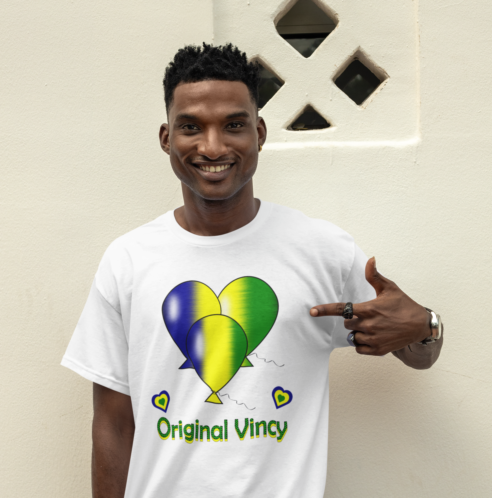 white t-shirt with original vincy written under balloons in national colors of St. Vincent and the Grenadines