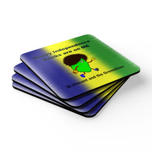 Load image into Gallery viewer, St. Vincent and the Grenadines Independence Coaster Set – 4-Piece Cartoon Map Drink Coasters with National Colors &amp; Fun Caption
