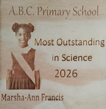 Load image into Gallery viewer, Engraved award plaque for 'Most Outstanding Student' at a School, featuring a student's portrait.
