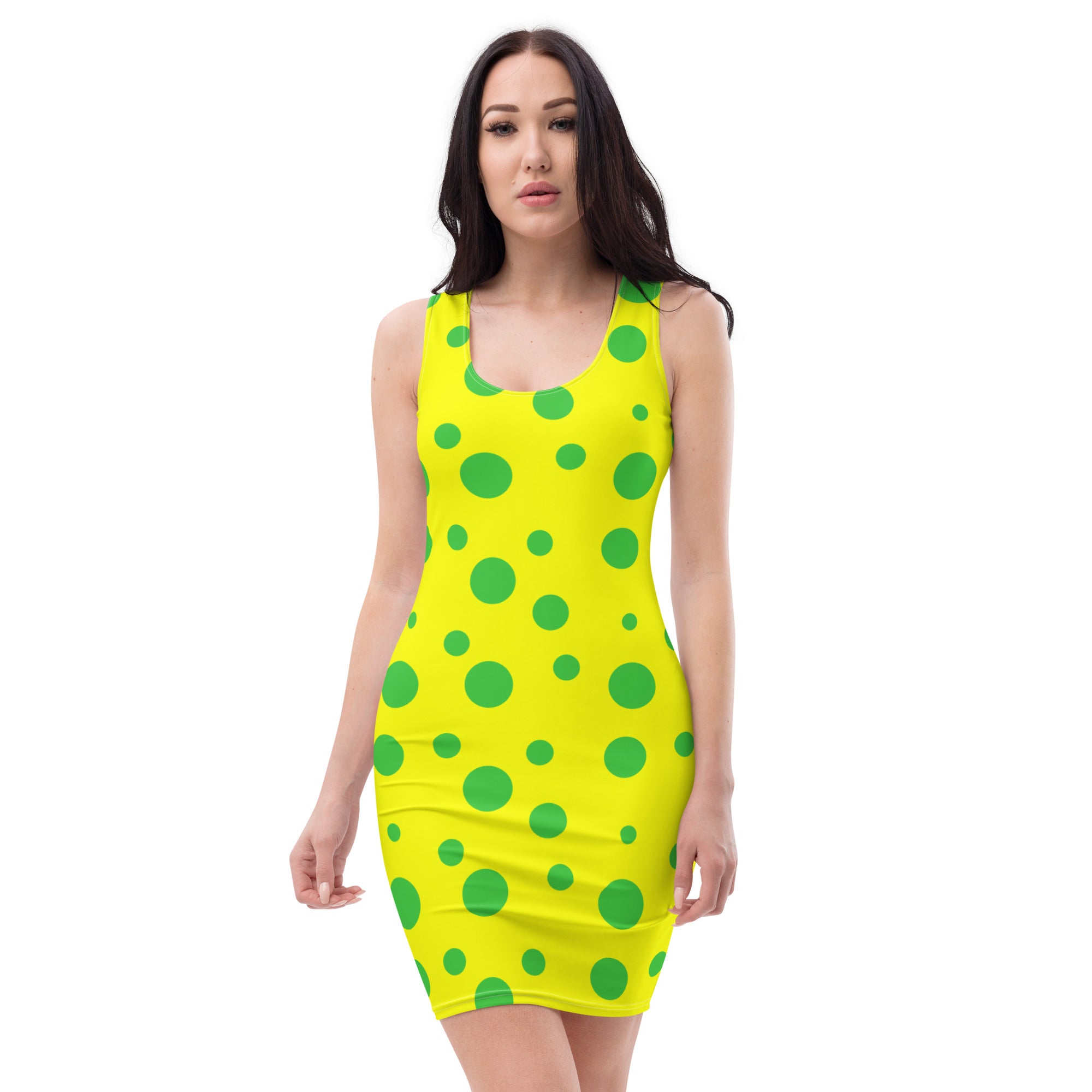 fitted yellow midi dress with light green spots
