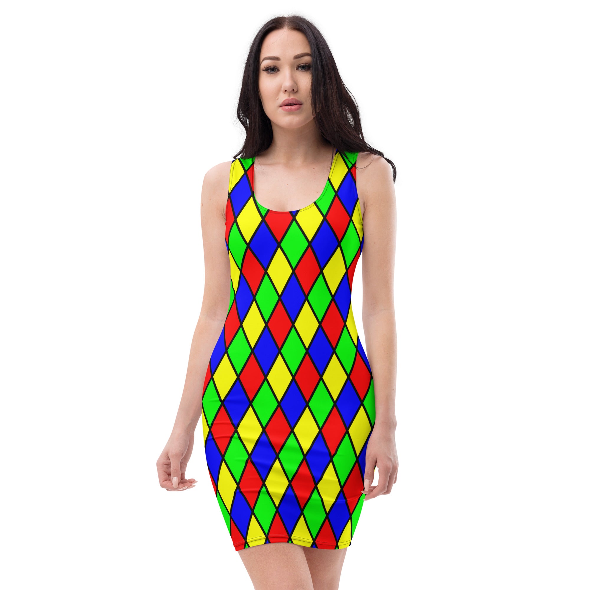 fitted dress with a blue, yellow and green stained glass design
