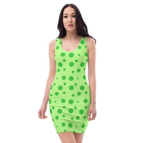 light green fitted midi dress with darker green spots