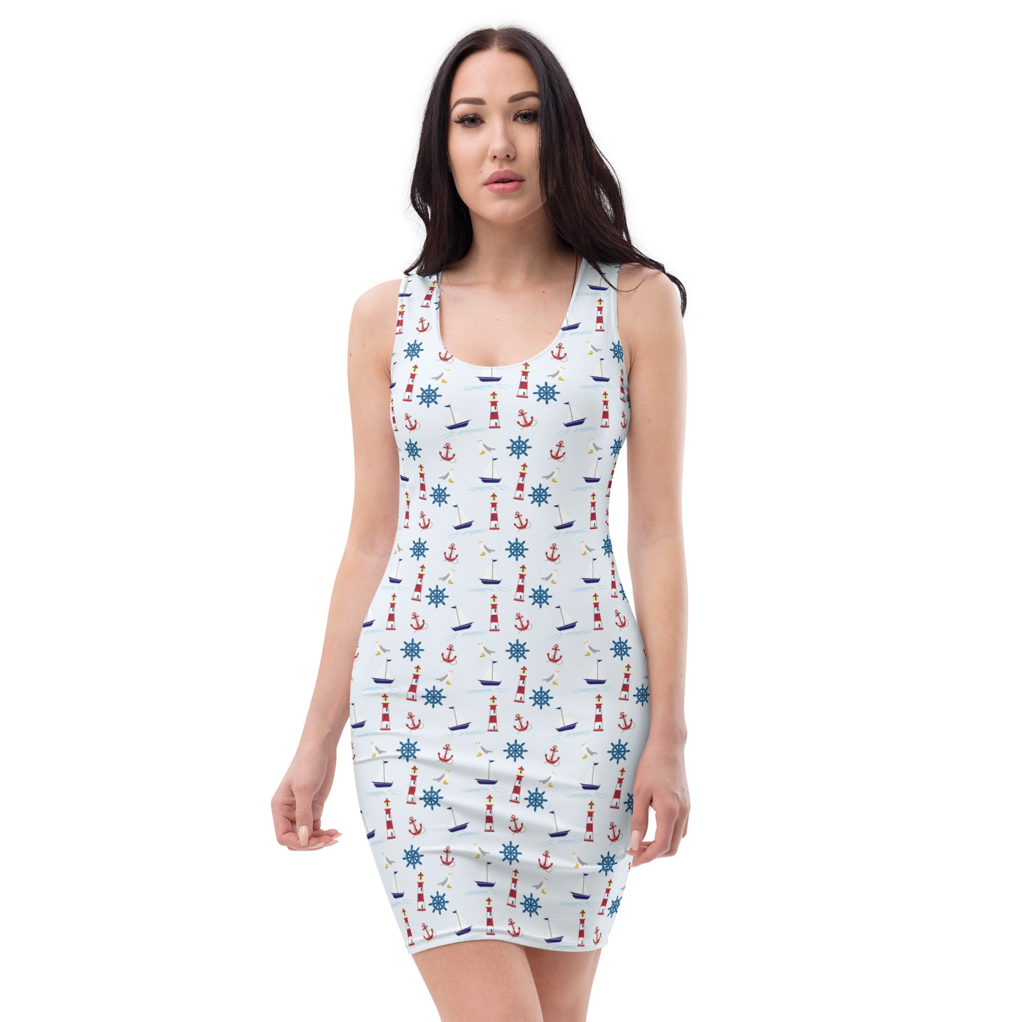 nautical themed dress with lighthouse, wheel, yacht and anchor design 