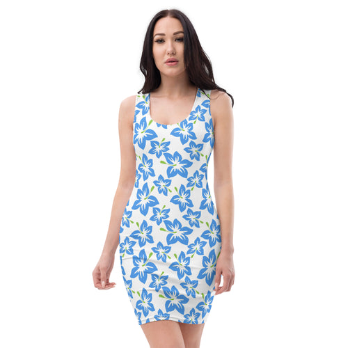 fitted dress with blue hibiscus flowers