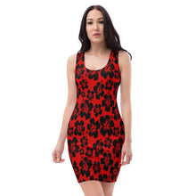 Load image into Gallery viewer, red body hugging dress with black hibiscus flowers
