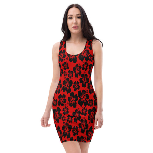 red body hugging dress with black hibiscus flowers