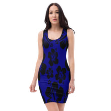 Load image into Gallery viewer, Sleeveless blue dress with black hibiscus flower design
