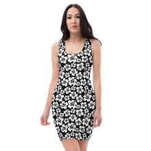 Load image into Gallery viewer, sleeveless black fitted dress with white hibiscus flowers
