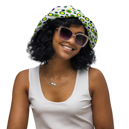 Reversible white bucket hat showing St. Vincent and the Grenadines colored hearts and cubes 