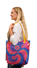 Load image into Gallery viewer, Colorful Spiral Tie-Dye Pattern Tote Bag – Blue, Pink, White, Purple &amp; Orange Canvas Carry-All
