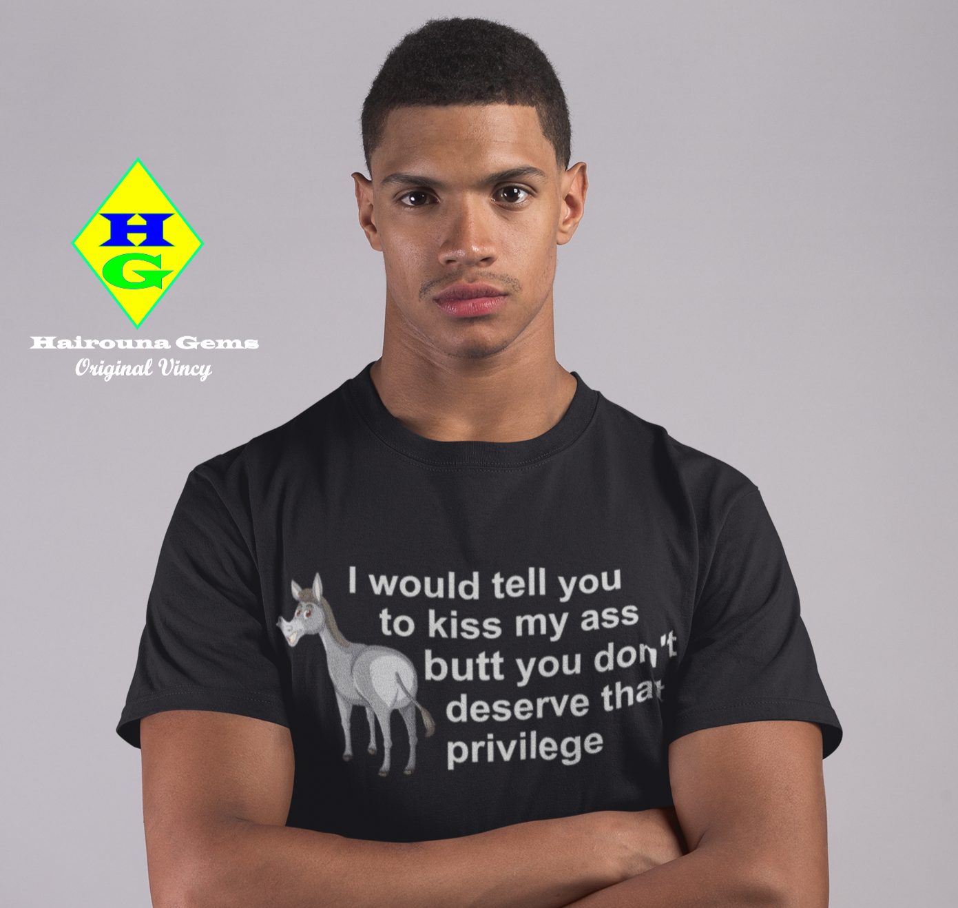 Black t-shirt with a donkey and the caption I would tell you to kiss my ass butt you don't deserve that privilege 