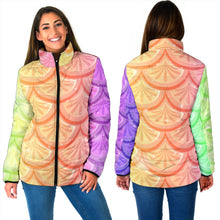 Load image into Gallery viewer, women&#39;s padded jacket with purple, green, orange and yellow mermaid scales design
