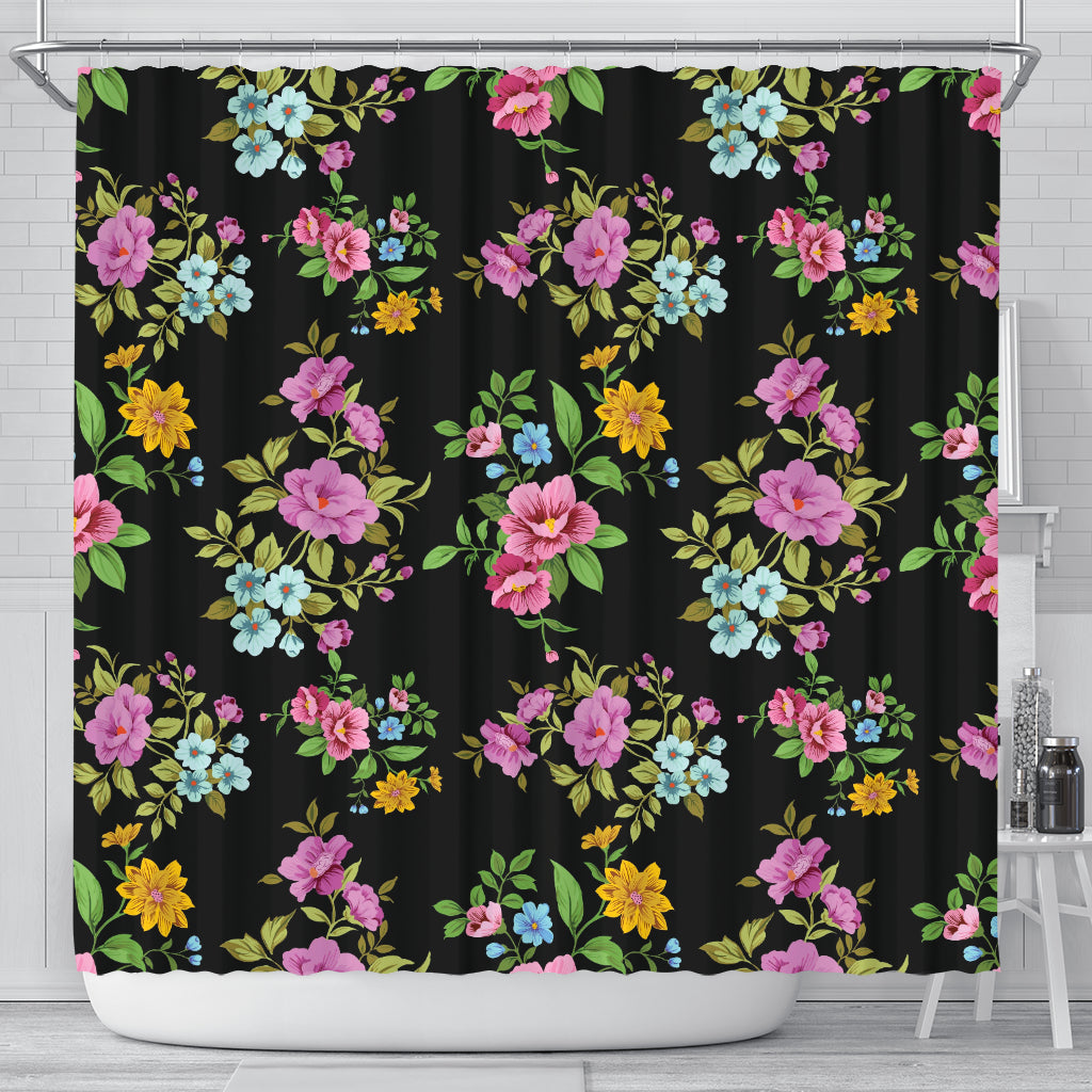 black shower curtain with bouquets of flowers