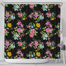 Load image into Gallery viewer, black shower curtain with bouquets of flowers
