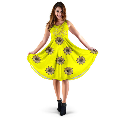yellow sleeveless dress with gold tree and flowers