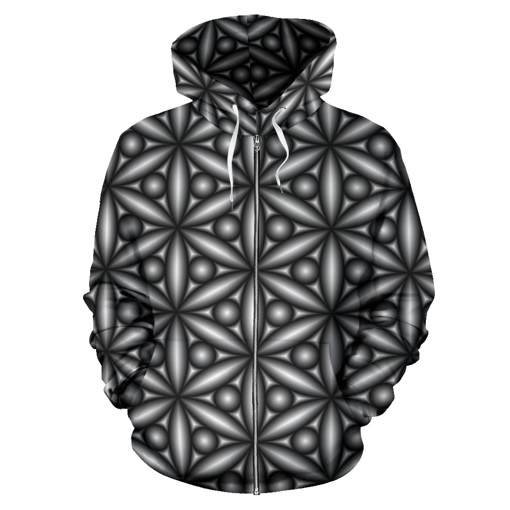 all over printed black and white hoodie with geometric designs 