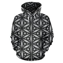 Load image into Gallery viewer, all over printed black and white hoodie with geometric designs 
