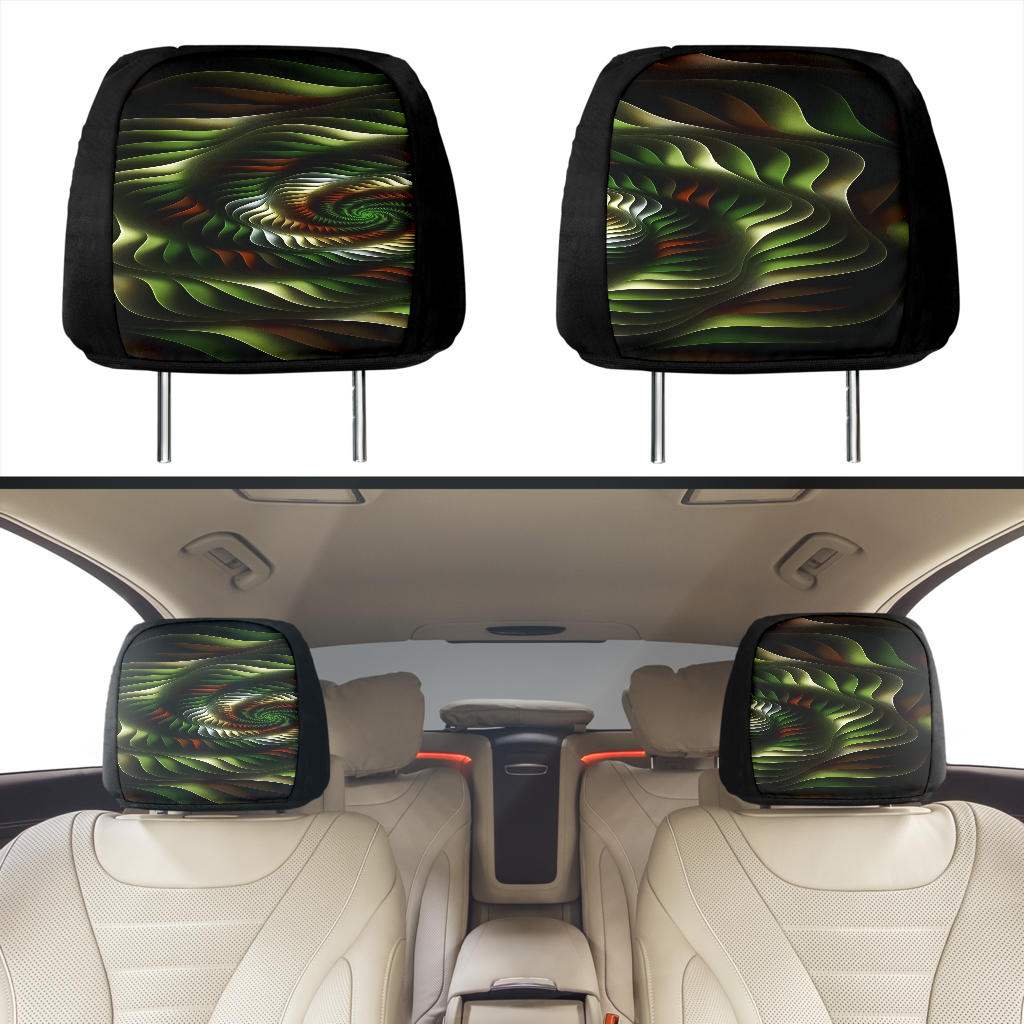 vehicle headrest covers with green and brown spirals
