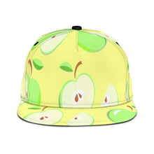 Load image into Gallery viewer, yellowish-green universal snapback hat with whole and half-cut green apple design
