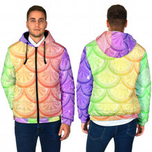Load image into Gallery viewer, men&#39;s padded hooded jacket with purple, yellow, orange and green  mermaid scales design
