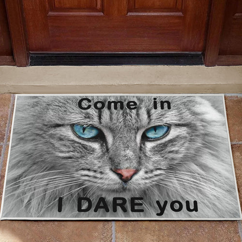 door mat with a blue eyed grey cat and the caption 'come in I dare you'