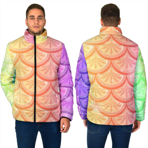 men's padded jacket with purple, orange, green and yellow mermaid scales design