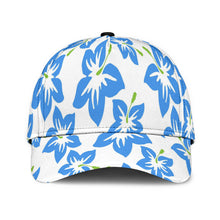 Load image into Gallery viewer, classic white cap with a design of blue hibiscus flowers
