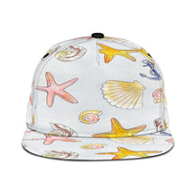 Load image into Gallery viewer, beach themed snapback hat featuring crabs, seashells, anchors and starfish
