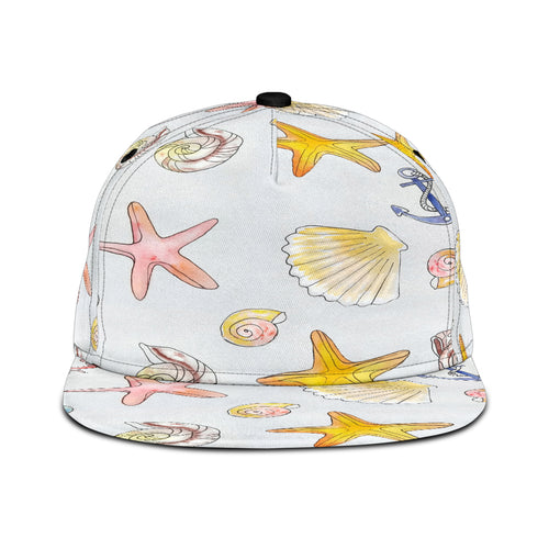 beach themed snapback hat featuring crabs, seashells, anchors and starfish