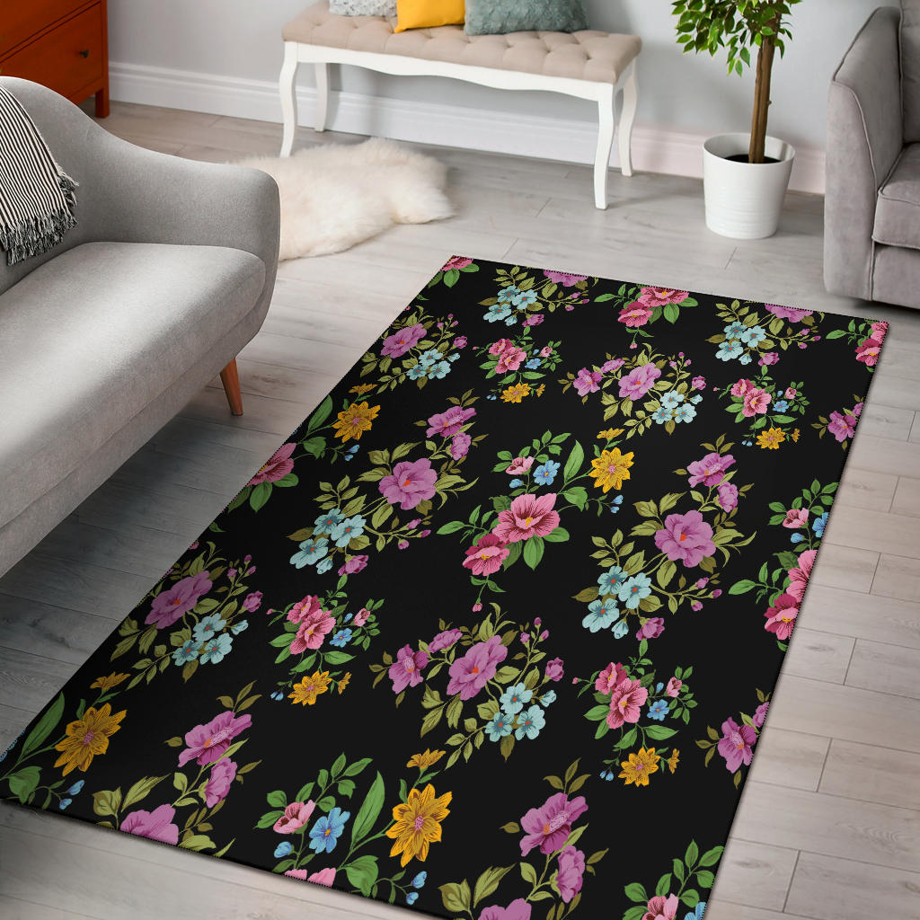 black area rug with bouquets of flowers