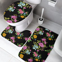 Load image into Gallery viewer, black 3 piece bathroom set with colorful bouquets of flowers
