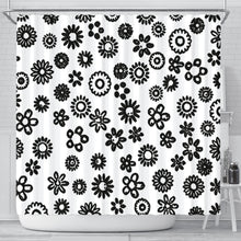Load image into Gallery viewer, white shower curtain with a variety of black flowers
