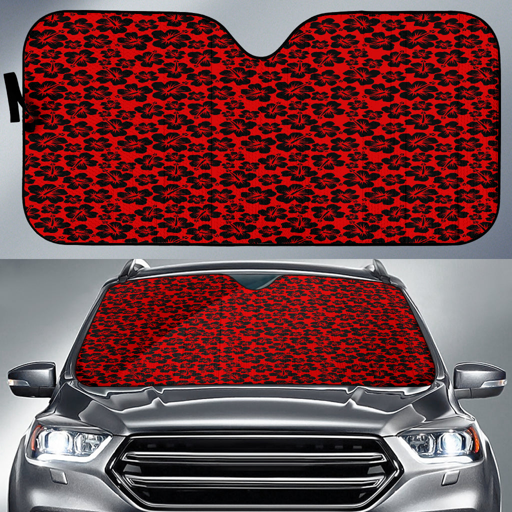 red vehicle sunshade with black hibiscus flowers
