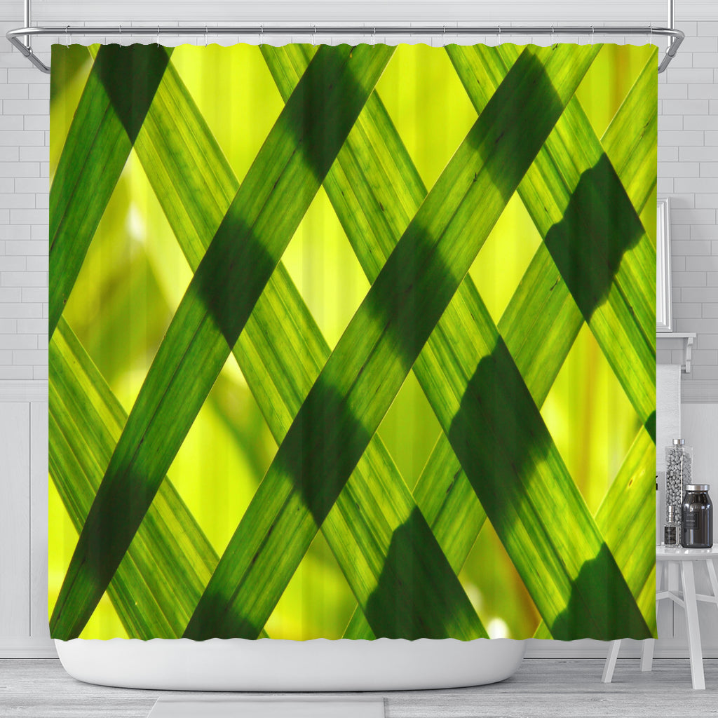 waterproof, water-resistant polyester green shower curtain with bamboo grass leaf design