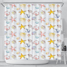 Load image into Gallery viewer, shower curtain with beach theme design featuring crabs, seashells, starfish and anchors
