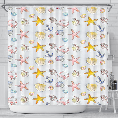 shower curtain with beach theme design featuring crabs, seashells, starfish and anchors