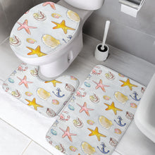Load image into Gallery viewer, 3 piece bathroom set with a beach themed design of starfish, crabs, seashells and anchors
