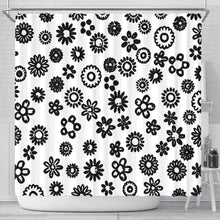 Load image into Gallery viewer, white polyester shower curtain with black flowers
