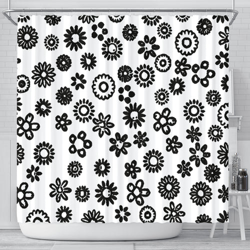 white polyester shower curtain with black flowers