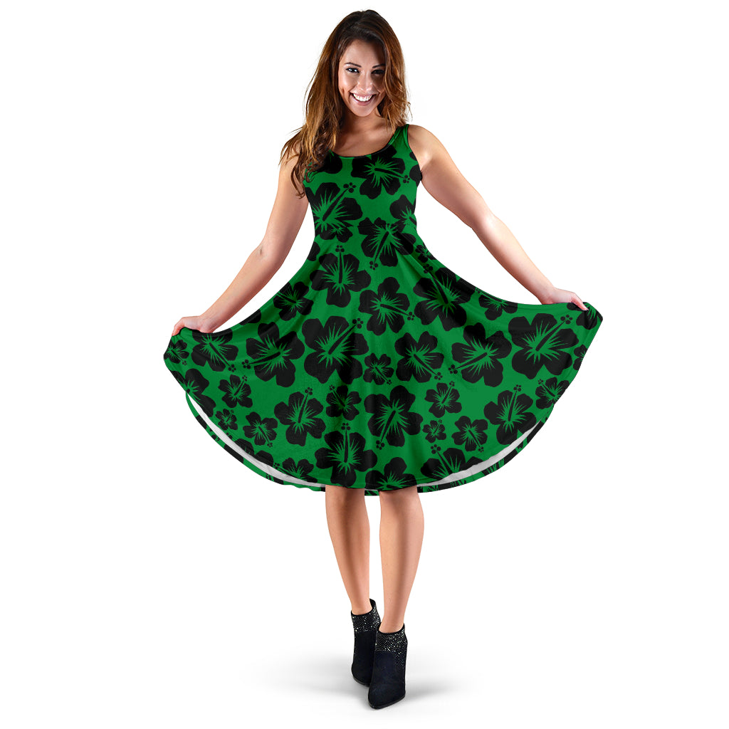 Green Dress With Black Hibiscus Flowers