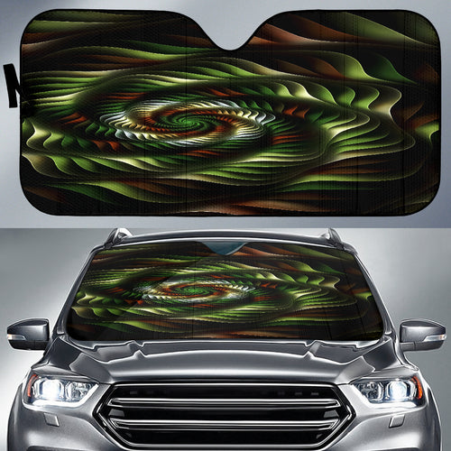 vehicle sun shade with green and brown spirals