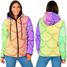 Load image into Gallery viewer, women&#39;s padded hooded jacket with a purple, orange, yellow and green mermaid scales design 
