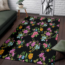 Load image into Gallery viewer, black area rug with bouquets of flowers
