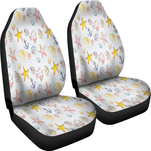 2 piece beach themed car seat covers featuring crabs, seashells, starfish and anchors